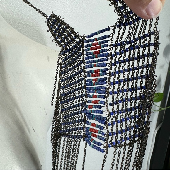 Vintage hand beaded handmade necklace tribal boho festival long red blue aztec - Picture 7 of 10